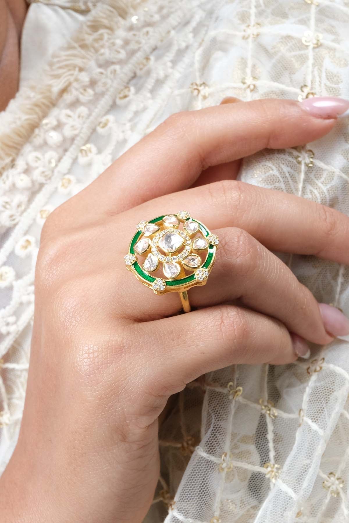 Sica Green Enamel Embellished Ring for jewellery online at ScrollnShops